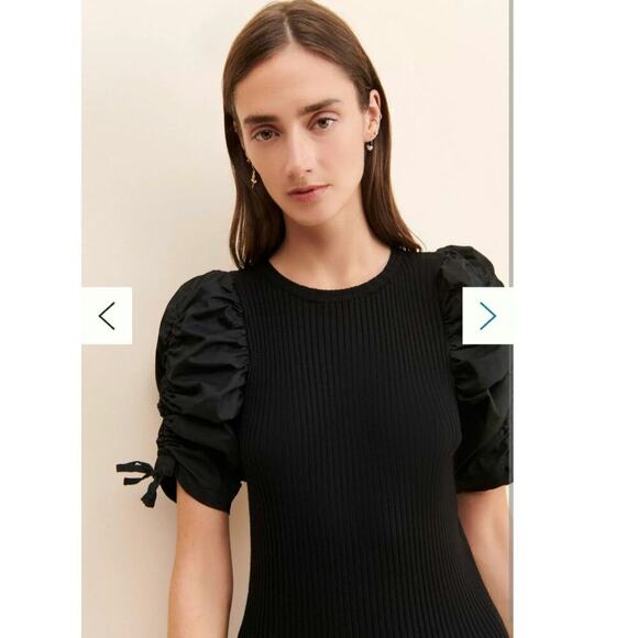 Anthropologie En Saison Fitted Maxime Midi Dress Puff Sleeves Black Size Medium - Picture 2 of 11